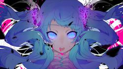 Rule 34 | 1girl, asphyxiation, blood, blood from mouth, blue eyes, blue hair, crack, ghost rule (vocaloid), glowing, hassan (sink916), hatsune miku, long hair, pink blood, solo, strangling, twintails, upper body, vocaloid