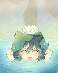 Rule 34 | 1boy, androgynous, black hair, blue hair, blush, braid, closed eyes, closed mouth, commentary, english commentary, facing viewer, flower, genshin impact, gradient hair, hair flower, hair ornament, highres, holding, holding leaf, leaf, male focus, multicolored hair, partially submerged, short hair with long locks, smile, solo, tongue, tongue out, twin braids, venti (genshin impact), waffletop, water, white flower