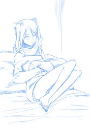 Rule 34 | 1girl, bare legs, barefoot, blue theme, francesca lucchini, hair ribbon, maydrawfag, monochrome, no pants, non-web source, on bed, pillow, ribbon, short twintails, solo, strike witches, sweater, toes, turtleneck, twintails, world witches series