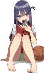 Rule 34 | barefoot, basketball, blue eyes, blue hair, cellphone, feet, green panties, highres, holding, holding phone, long hair, looking at viewer, motto notto, no pants, one side up, original, panties, phone, selfie, simple background, sitting, smartphone, toes, underwear, white background