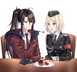 Rule 34 | 1boy, 1girl, absurdres, ahoge, aiguillette, armband, black gloves, black jacket, black necktie, blonde hair, blue eyes, breasts, brown eyes, brown hair, cake, chair, collared shirt, commander (girls&#039; frontline), commission, commissioner upload, cross, food, fork, garrison cap, girls&#039; frontline, gloves, half gloves, hat, highres, holding, holding fork, iron cross, jacket, journey in the auspicious snow (girls&#039; frontline), long hair, looking at another, looking at food, medium breasts, medium hair, mp40 (girls&#039; frontline), necktie, open clothes, open jacket, open mouth, plate, ponytail, red armband, red jacket, red necktie, shirt, sidelocks, smile, strawberry cake, suprii, table, white background, white shirt