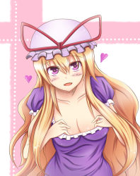 Rule 34 | 1girl, blonde hair, blush, breasts, cleavage, colorized, delta yamato, hat, heart, long hair, looking at viewer, open mouth, purple eyes, smile, solo, touhou, very long hair, yakumo yukari, zetsumame