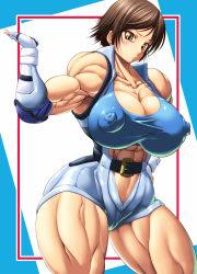 Rule 34 | 1girl, abs, breasts, brown eyes, brown hair, elbow gloves, covered erect nipples, extreme muscles, fingerless gloves, gloves, highres, kazama asuka, muscular, purukogi (plasma beach), tekken, thick thighs, thighs, unzipped
