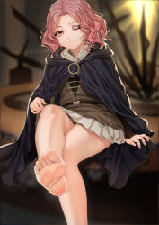 Rule 34 | 1girl, absurdres, barefoot, elden ring, facial tattoo, feet, foot focus, foreshortening, highres, looking at viewer, medium hair, melina (elden ring), one eye closed, parted bangs, pink hair, site of grace, sitting, smell, soles, steam, tattoo, toes, wavy hair, yellow eyes