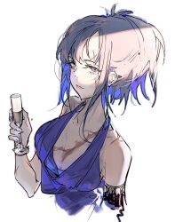 Rule 34 | 1girl, alternate costume, angelia (girls&#039; frontline), blue dress, blue hair, blueblossom, breasts, closed mouth, commentary, cup, dress, drinking glass, english commentary, girls&#039; frontline, glass, grey eyes, grey hair, highres, holding, holding cup, light, lips, looking at viewer, medium breasts, medium hair, multicolored hair, scar, scar on chest, scar on face, short ponytail, sidelocks, solo, streaked hair, upper body, white background, wine glass