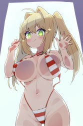 Rule 34 | 1girl, against glass, ahoge, bare shoulders, bikini, blonde hair, blush, breast press, breasts, cleavage, collarbone, commission, criss-cross halter, fate/grand order, fate (series), green eyes, hair intakes, halterneck, large breasts, long hair, looking at viewer, navel, nero claudius (fate), nero claudius (fate) (all), nero claudius (swimsuit caster) (fate), pixiv commission, red bikini, smile, solo, striped bikini, striped clothes, stroma, swimsuit, thighs, twintails