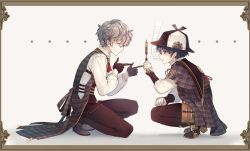 Rule 34 | 2boys, achan (blue semi), brown gloves, brown pants, clenched hand, closed eyes, facing another, finger gun, framed, glasses, gloves, grand fantasia, grey hair, hat, john watson (grand fantasia), looking at another, magnifying glass, male focus, multiple boys, official art, pants, pince-nez, smoking pipe, plaid, plaid footwear, pointing, red eyes, sherlock holmes (grand fantasia), simple background, smile, squatting, vial