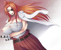 Rule 34 | 1girl, belt, breasts, cleavage, covered erect nipples, crossed arms, eyepatch, fang, female focus, gradient background, huge breasts, long hair, nipples, onidere, open mouth, orange hair, otogi tetsurou, solo, suzune yuna, sword, tape, weapon