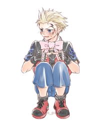 Rule 34 | 1boy, black shirt, blonde hair, blue eyes, blue pants, blush, bow, bowtie, embarrassed, facial tattoo, final fantasy, final fantasy viii, full body, hair slicked back, index fingers together, jacket, looking to the side, male focus, multicolored clothes, multicolored jacket, nose blush, open mouth, own hands together, pants, pilichili, red footwear, shirt, short hair, short sleeves, sitting, solo, spiked hair, sweatdrop, tattoo, twitter username, very short hair, watermark, white background, zell dincht