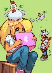 Rule 34 | 1boy, 1girl, animal, animal ears, animal on head, apple inc., bird, bird on head, blonde hair, body fur, box, brand name imitation, brother and sister, chicken, coco bandicoot, computer, covered mouth, crash bandicoot, crash bandicoot (series), crop top, denim, friendly mutton chops, furry, green background, green eyes, jeans, laptop, long hair, macbook, on box, on head, pants, pink footwear, ponytail, shirt, shoes, siblings, sitting, sneakers, t-shirt, too many, too many birds, topless male, wamudraws