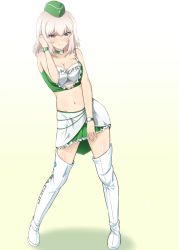 Rule 34 | 10s, 1girl, bare shoulders, blonde hair, blue eyes, blush, boots, breasts, choker, cleavage, closed mouth, clothes writing, collarbone, contrapposto, diesel-turbo, eyebrows, frilled skirt, frills, full body, garrison cap, girls und panzer, green background, green eyes, green hat, green skirt, green vest, hair between eyes, hand in own hair, hat, itsumi erika, large breasts, legs apart, looking at viewer, midriff, navel, race queen, simple background, skirt, smile, solo, standing, stomach, strapless, thigh boots, thighhighs, tube top, vest, watch, white footwear, white hair, white thighhighs, wristband, wristwatch