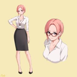 Rule 34 | 1girl, alternate hairstyle, bespectacled, black footwear, black skirt, blue eyes, breasts, cleavage, collarbone, collared shirt, commentary request, forehead, full body, glasses, go-toubun no hanayome, hand on own hip, high heels, highres, id card, lanyard, looking at viewer, multiple views, nakano ichika, pencil skirt, pink hair, quintuplets, red-framed eyewear, ricky (haye4843), shirt, short hair, simple background, skirt, sleeves rolled up, standing, upper body, white shirt, yellow background