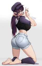 Rule 34 | 1girl, absurdres, ass, ass focus, barefoot, blue eyes, breasts, cabbie hat, denim, denim shorts, from behind, glasses, hat, highres, huge ass, kneeling, large breasts, long hair, looking at viewer, moddedjoker, open mouth, original, pointy ears, ponytail, purple hair, short shorts, shorts, sideboob, smile, solo, very long hair