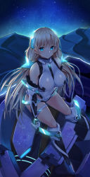 Rule 34 | 1girl, angela balzac, ankle boots, arms at sides, bare shoulders, black gloves, black socks, blonde hair, blue eyes, blush, boots, breasts, closed mouth, covered navel, elbow gloves, feet out of frame, from above, gedou (shigure seishin), gem, gloves, grey footwear, headgear, highres, kneehighs, large breasts, leotard, long hair, looking at viewer, looking up, low-tied long hair, low twintails, mecha, night, night sky, rakuen tsuihou, robot, shin guards, sitting, skin tight, sky, smile, socks, solo, star (sky), starry sky, thigh strap, twintails, very long hair, white leotard