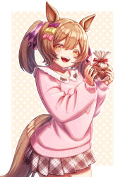 Rule 34 | 1girl, animal ears, arched back, blush, brown hair, candy, casual, chocolate, chocolate heart, clothing cutout, commentary request, cowboy shot, creape, food, gift bag, grey skirt, heart, highres, horse ears, horse girl, horse tail, long hair, long sleeves, looking at viewer, miniskirt, official alternate costume, open mouth, pink sweater, plaid, plaid skirt, pleated skirt, skirt, smart falcon (umamusume), smile, solo, sweater, tail, tail through clothes, twintails, umamusume, valentine, yellow eyes