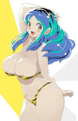 Rule 34 | 1girl, :d, absurdres, animal print, areola slip, arm behind head, bad id, bad pixiv id, breasts, commentary request, fang, green hair, grey background, highres, horns, large breasts, long hair, looking at viewer, lum, makoto daikichi, multicolored background, navel, open mouth, pointy ears, smile, solo, stomach, teeth, tiger print, upper teeth only, urusei yatsura, white background, yellow background, yellow eyes