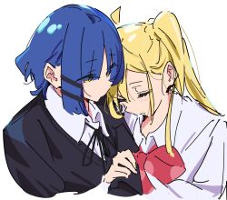 Rule 34 | 2girls, ahoge, atenaba, black ribbon, black sweater, blonde hair, blue eyes, blush, bocchi the rock!, bow, bowtie, closed eyes, closed mouth, collared shirt, commentary, hair ornament, hairclip, hashtag-only commentary, head on another&#039;s shoulder, highres, ijichi nijika, leaning on person, long hair, long sleeves, medium hair, multiple girls, neck ribbon, red bow, red bowtie, revision, ribbon, school uniform, shirt, side ponytail, simple background, sleeping, sleeping on person, sweater, upper body, white background, white shirt, yamada ryo, yellow eyes, yuri