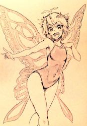 Rule 34 | 1girl, breasts, butterfly wings, commentary request, covered navel, d-m (dii emu), eternity larva, eyelashes, greyscale, hand on own chest, happy, insect wings, leaf, leaf on head, looking at viewer, monochrome, one-piece swimsuit, open mouth, small breasts, swimsuit, touhou, traditional media, wings