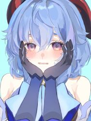Rule 34 | 1girl, 7go t, aqua background, bare shoulders, black gloves, blue hair, blush, detached sleeves, ganyu (genshin impact), genshin impact, gloves, goat horns, hair between eyes, hand on own cheek, hand on own face, highres, horns, long sleeves, looking at viewer, parted lips, purple eyes, simple background, solo, upper body
