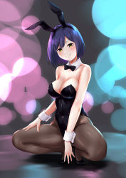 Rule 34 | 1girl, absurdres, animal ears, bare shoulders, between legs, black bow, black bowtie, black footwear, black hairband, black leotard, black pantyhose, blush, bow, bowtie, breasts, cleavage, closed mouth, commentary request, covered navel, detached collar, fake animal ears, hairband, hand between legs, hand on own thigh, head tilt, highleg, highleg leotard, highres, leotard, looking at viewer, medium breasts, meri-san, mole, mole under eye, nijisanji, pantyhose, pink lips, playboy bunny, purple hair, rabbit ears, shizuka rin, shoes, short hair, smile, solo, spread legs, squatting, stage lights, strapless, strapless leotard, swept bangs, virtual youtuber, white background, yellow eyes