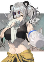 Rule 34 | 1girl, abs, absurdres, animal ears, arknights, black hair, bottle, breasts, clothes around waist, cowboy shot, eyewear on head, feater (arknights), feater (dojo star) (arknights), highres, holding, holding bottle, inumata ichini, jacket, jacket around waist, large breasts, midriff, multicolored hair, navel, official alternate costume, panda ears, silver hair, solo, sports bra, streaked hair, sunglasses, sweat, towel, twintails, water bottle, yellow eyes
