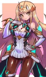 Rule 34 | 1girl, bare shoulders, between breasts, black pantyhose, blonde hair, border, breasts, chest jewel, cleavage cutout, clothing cutout, cowboy shot, dakusuta, dress, earrings, elbow gloves, gloves, hand on own hip, highres, jewelry, large breasts, long hair, looking at viewer, mythra (massive melee) (xenoblade), mythra (xenoblade), nintendo, pantyhose, pink background, short dress, smash invitation, solo, super smash bros., swept bangs, thigh strap, tiara, very long hair, white border, white dress, white gloves, xenoblade chronicles (series), xenoblade chronicles 2, yellow eyes