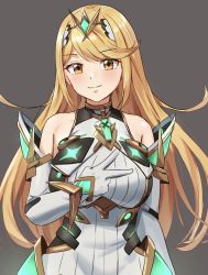 Rule 34 | 1girl, amayo thranana, bare shoulders, blonde hair, breasts, brown background, closed mouth, dress, elbow gloves, gloves, glowing, highres, long hair, looking at viewer, mythra (massive melee) (xenoblade), mythra (xenoblade), simple background, sleeveless, sleeveless dress, smile, solo, tiara, v, white dress, white gloves, xenoblade chronicles (series), xenoblade chronicles 2, yellow eyes