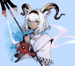 Rule 34 | 1girl, animal ears, arknights, baishousuan, beeswax (arknights), beeswax (holiday) (arknights), black hairband, blue background, cropped torso, dark-skinned female, dark skin, dress, flower, hairband, hand up, highres, holding, holding polearm, holding weapon, horns, looking at viewer, orange eyes, parted lips, polearm, red flower, red hairband, solo, spear, upper body, weapon, white dress, white hair