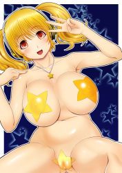 Rule 34 | 1girl, blonde hair, blush, breasts, covered erect nipples, headphones, highres, huge breasts, looking at viewer, maebari, navel, nitroplus, nude, open mouth, pasties, plump, red eyes, short hair, smile, solo, star (symbol), star maebari, star pasties, super pochaco, tomatto (@ma!), twintails