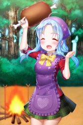 Rule 34 | 1girl, aile (crossroads), apron, boned meat, bow, campfire, fire, food, forest, holding, long hair, meat, musical note, nature, open mouth, ribbon, school uniform, skirt, sleeves rolled up, smile, solo, star (symbol), sword girls, sylphie (sword girls), tree