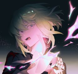 Rule 34 | 1boy, ascot, black background, black jacket, fangs, fire, floating hair, glowing, gradient background, green hair, highres, jacket, komatsu2536, lio fotia, looking at viewer, male focus, open mouth, pink eyes, pink fire, portrait, promare, serious, short hair, solo, studded jacket, v-shaped eyebrows, white ascot