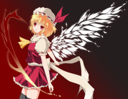Rule 34 | 1girl, alternate wings, ascot, bee (artist), black hair, black thighhighs, blonde hair, blush, embodiment of scarlet devil, female focus, fire, fire, flandre scarlet, gradient background, hat, highres, red eyes, smile, solo, thighhighs, touhou, wings, zettai ryouiki