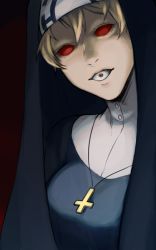 Rule 34 | 1girl, bad id, bad pixiv id, blonde hair, breasts, colored sclera, cross, cross necklace, double (skullgirls), ganno, habit, horror (theme), inverted cross, jewelry, looking at viewer, medium breasts, necklace, nun, red eyes, red sclera, skullgirls, solo, third eye, traditional nun, when you see it