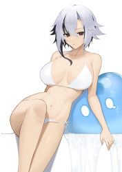 Rule 34 | 1girl, absurdres, arlecchino (genshin impact), arm behind back, asymmetrical hair, bikini, black eyes, black hair, breasts, closed mouth, collarbone, feet out of frame, genshin impact, grey hair, hair between eyes, highres, large breasts, leaning to the side, looking at viewer, lordol, multicolored hair, navel, red eyes, short hair, side-tie bikini bottom, simple background, sitting, slime (genshin impact), stomach, streaked hair, swimsuit, symbol-shaped pupils, white background, white bikini, x-shaped pupils