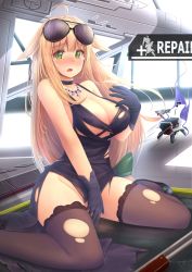 Rule 34 | 1girl, ahoge, anakin sky (utcc), areola slip, automatic rifle, aviator sunglasses, black dress, black gloves, black thighhighs, blonde hair, blush, breasts, choker, cleavage, clothes theft, dress, dress shoes, drone, eyewear on head, girls&#039; frontline, gloves, green eyes, green ribbon, gun, hair ribbon, highres, jewelry, large breasts, light machine gun, long hair, looking at viewer, m1918 (girls&#039; frontline), m1918 bar, machine gun, necklace, no panties, official alternate costume, open mouth, panties, ribbon, side-tie panties, side slit, sitting, solo, squad automatic weapon, sunglasses, tearing up, tears, theft, thighhighs, torn clothes, underwear, underwear theft, unmanned ground vehicle, very long hair, wariza, weapon