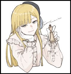Rule 34 | 1girl, artist name, bad id, bad pixiv id, black border, black hat, blonde hair, blue eyes, blunt bangs, blush, border, chess piece, closed mouth, commentary request, cropped torso, dress shirt, fate (series), frilled shirt, frilled sleeves, frills, gloves, grey shirt, hand up, hands up, hat, head tilt, highres, holding, king (chess), long hair, long sleeves, looking at viewer, lord el-melloi ii case files, reines el-melloi archisorte, sakanomachico, shirt, smile, solo, upper body, white background