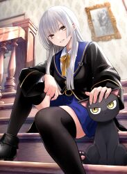 Rule 34 | 1girl, animal, black cat, black footwear, black robe, black thighhighs, blue skirt, bow, brown bow, brown eyes, capella capricorn, cat, claude sirius, collared shirt, commentary request, grey hair, hand on another&#039;s head, highres, indoors, kuroneko to majo no kyoushitsu, long hair, long sleeves, mole, mole under mouth, natsupa, robe, shirt, shoes, sitting, sitting on stairs, skirt, smile, solo, stairs, thighhighs, white shirt