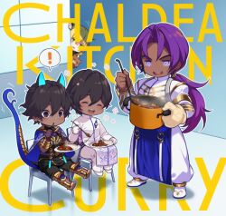 Rule 34 | !, 4boys, animal ear fluff, arjuna (fate), arjuna alter (fate), armor, bear, bhima (fate), black hair, blonde hair, blush, chair, chibi, closed eyes, cooking pot, curry, dark-skinned male, dark skin, deformed, english text, fate/grand order, fate (series), food, green eyes, holding, honda tamanosuke, jason (fate), ladle, long hair, male focus, multiple boys, open mouth, orion (bear) (fate), oven mitts, ponytail, purple eyes, purple hair, simple background, sitting, spoken exclamation mark, standing, sweat, tail