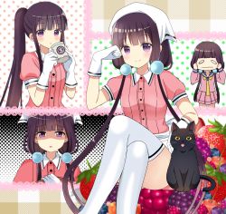Rule 34 | 1girl, :o, animal, arm up, black cat, blackberry (fruit), blend s, blueberry, blush, cat, cheek pull, closed mouth, coffee cup, commentary request, crossed legs, cup, disposable cup, food, fruit, gloves, hair ornament, halftone, hands up, head scarf, head tilt, high ponytail, highres, holding, holding cup, holding tray, long hair, looking at viewer, low twintails, multiple views, necktie, parted lips, pink shirt, pink skirt, plaid, pleated skirt, polka dot, ponytail, purple eyes, purple hair, raspberry, ryoutan, sakuranomiya maika, school uniform, serafuku, shaded face, shirt, sitting, skirt, smile, standing, strawberry, thighhighs, tray, twintails, uniform, very long hair, waitress, wavy mouth, white gloves, white thighhighs, yellow neckwear