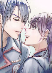 Rule 34 | 1boy, 1girl, :d, blue hair, couple, d.gray-man, earrings, eye contact, grey jacket, hetero, highres, imminent kiss, jacket, jewelry, kanda yuu, lenalee lee, long hair, looking at another, open mouth, pnsk pn, purple hair, sketch, smile, white background