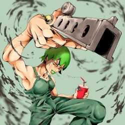 Rule 34 | 1girl, bad anatomy, clenched teeth, cup, drinking straw, fighting stance, finger gun, foo fighters (jojo), green background, green hair, green lips, green overalls, highres, holding, holding cup, jojo no kimyou na bouken, keeeey, orange eyes, outstretched arm, overalls, short hair, simple background, smile, solo, stone ocean, teeth, water, weapon