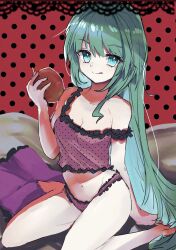 Rule 34 | 1girl, apple, aqua eyes, aqua hair, bare legs, bare shoulders, barefoot, camisole, collarbone, food, frilled camisole, frills, fruit, hair down, hatsune miku, highres, holding, holding food, holding fruit, long hair, looking at viewer, midriff, navel, pillow, pink camisole, polka dot, polka dot background, polka dot camisole, red apple, red background, romeo to cinderella (vocaloid), sitting, solo, strap slip, tongue, tongue out, very long hair, vocaloid, wariza, yatsuwo emiya