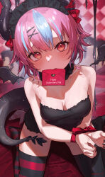 Rule 34 | 1girl, absurdres, asymmetrical legwear, black dress, black thighhighs, black wings, blue hair, blush, bound, bound wrists, bow, breasts, cleavage, detached collar, detached wings, dress, envelope, hair ornament, hairclip, highres, horns, letter, looking at viewer, love letter, medium breasts, mismatched legwear, mouth hold, multicolored hair, original, pink hair, red bow, short hair, signature, solo, sooon, strapless, strapless dress, streaked hair, striped clothes, striped thighhighs, teeth, thighhighs, twitter username, two-tone hair, wings, x hair ornament