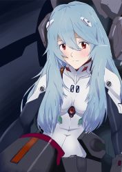 Rule 34 | 1girl, absurdres, ayanami rei, bad id, bad pixiv id, blue eyes, blush, breasts, cockpit, entry plug, evangelion: 3.0+1.0 thrice upon a time, expressionless, hair between eyes, hateri, highres, interface headset, long hair, looking at viewer, medium breasts, neon genesis evangelion, plugsuit, rebuild of evangelion, solo
