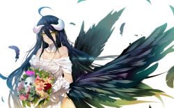 Rule 34 | 1girl, albedo (overlord), bare shoulders, bba1985, black hair, black wings, bouquet, breasts, character name, cleavage, copyright name, demon girl, demon horns, flower, hair between eyes, highres, horns, long hair, looking at viewer, overlord (maruyama), simple background, skull, smile, solo, very long hair, wings, yellow eyes