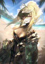 Rule 34 | 1girl, absurdres, antenna hair, arknights, beach, bikini, black bikini, breasts, commentary, cup, drinking glass, gavial (arknights), green hair, highleg, highleg bikini, highres, holding, holding cup, incoming drink, jacket, long hair, long legs, long sleeves, looking at viewer, medium breasts, navel, off shoulder, official alternate costume, open clothes, open jacket, open mouth, orange eyes, outdoors, ozeu0916, pointy ears, ponytail, see-through, shadow, sidelocks, smile, solo, standing, swimsuit, thigh strap, thighs, underboob, visor cap, white jacket