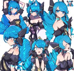 Rule 34 | 1girl, absurdres, ahoge, animal ears, armpits, bare shoulders, black bow, black gloves, blue hair, blush, bow, breasts, cat ears, collarbone, detached sleeves, dress, drill hair, gloves, gwen (league of legends), hair bow, highres, large breasts, league of legends, long hair, looking at viewer, monakan japan, open mouth, smile, twin drills, twintails