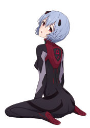 Rule 34 | 1girl, ass, ayanami rei, black bodysuit, bodysuit, breasts, commentary request, from behind, full body, hair ornament, highres, looking at viewer, looking back, neon genesis evangelion, parted lips, plugsuit, purple eyes, short hair, silver hair, simple background, sitting, small breasts, solo, wariza, white background, yahiro (epicopeiidae)