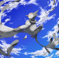 Rule 34 | animal focus, bird, blue sky, brown eyes, claws, cloud, cloudy sky, commentary, creature, creatures (company), day, english commentary, flying, full body, game freak, gen 5 pokemon, nintendo, no humans, outdoors, pinkgermy, pokemon, pokemon (creature), signature, sky, solo, tranquill