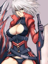 Rule 34 | 1girl, alpha-01, arc system works, belt, blazblue, breasts, cleavage, cleavage cutout, clothing cutout, fumio (rsqkr), genderswap, genderswap (mtf), heterochromia, large breasts, ragna the bloodedge, solo, sword, weapon, white hair